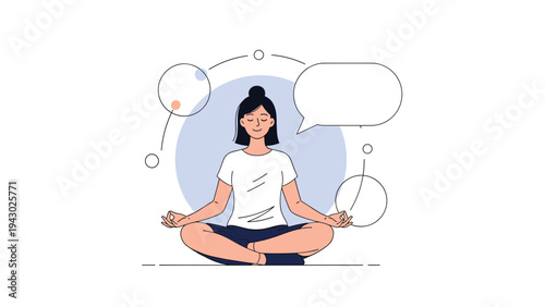Calm woman practicing mindfulness meditation in a lotus pose while abstract circles and a blank speech bubble suggest inner peace.