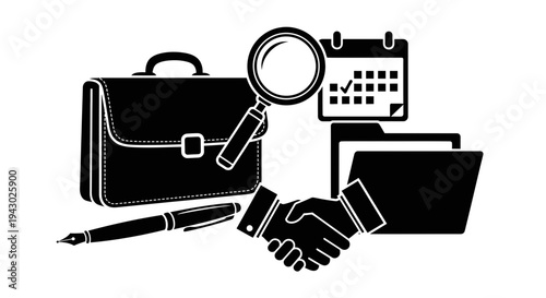 Business handshake with briefcase, laptop, and magnifying glass icons