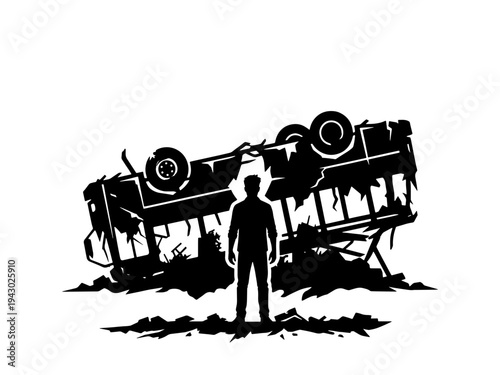 Dramatic stencil illustration of a survivor standing in front of a crashed and destroyed bus wreckage isolated on a white background.