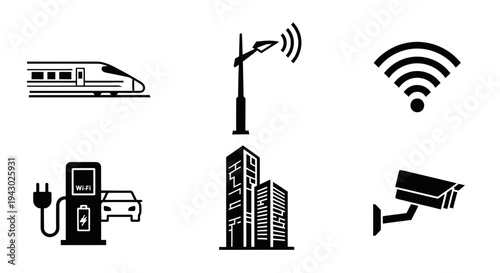 Modern transportation and smart city surveillance icons collection