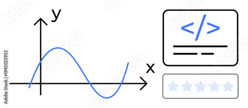 Data visualization, programming, analytics, computer science, education, technology. A sine wave graph with axes, a code snippet and a star rating system. Data visualization and programming concept