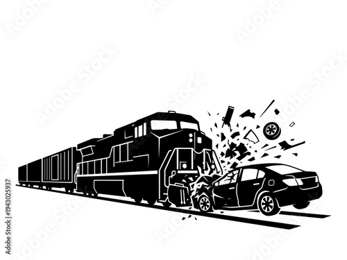 Black and white graphic of a freight train colliding with a passenger car at a railway crossing, depicting a high-impact accident and transportation danger.