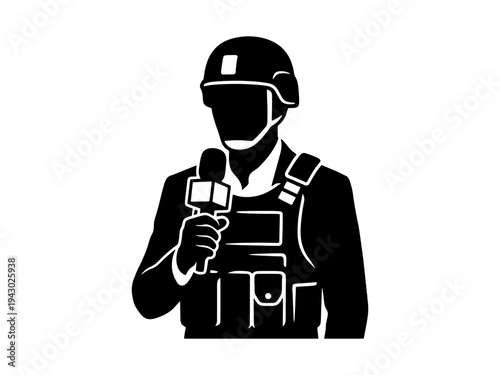 A professional black and white vector illustration of a field reporter in a helmet and body armor reporting from a conflict zone.
