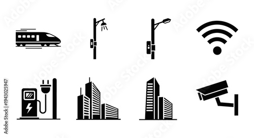 Collection of icons representing modern urban infrastructure and technology