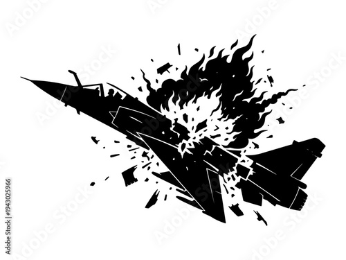 A black and white vector illustration depicting a military fighter jet being destroyed by a large explosion with scattered debris and fire.