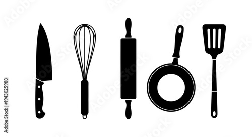 Set of five essential kitchen utensils displayed in black and white