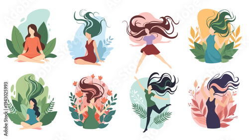 Artistic set of illustrations depicting diverse women with long flowing hair in various poses surrounded by botanical leaves and flowers.