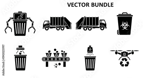 Collection of black and white icons depicting waste management and recycling activities