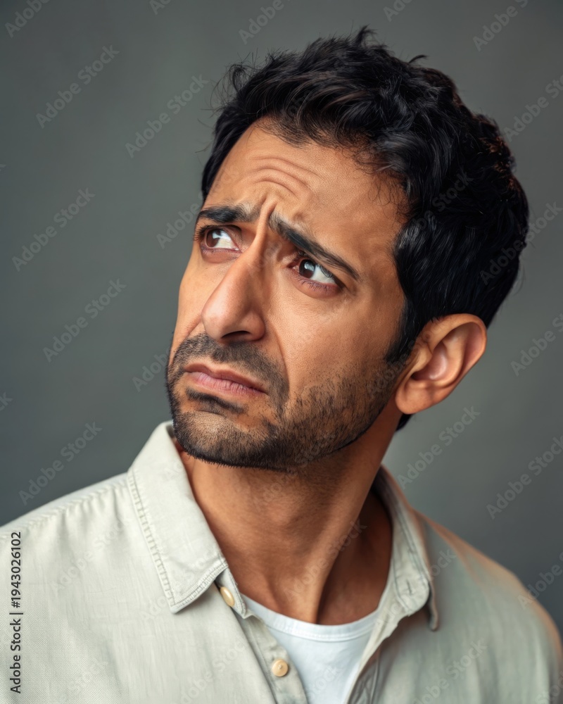Fototapeta premium Worried expression of a middle eastern man in a natural studio light portrait emotional photography indoor setting close-up view