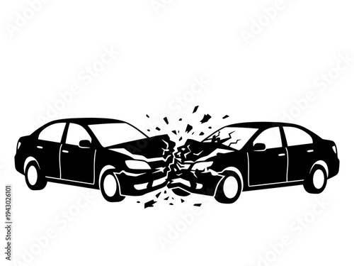 A black and white vector silhouette showing two sedan cars in a head-on collision with flying debris. Perfect for insurance, safety awareness, and traffic accident themes.