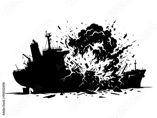 Dramatic black and white silhouette of a cargo ship exploding at sea, featuring smoke, debris, and high-impact action for creative designs.
