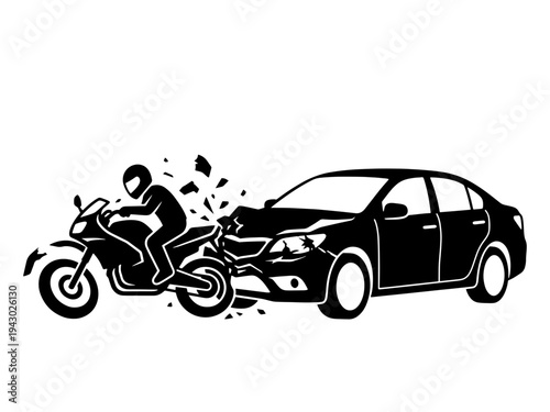 A black silhouette illustration of a car crashing into a motorcycle, representing a traffic accident, road safety incident, or insurance claim concept.