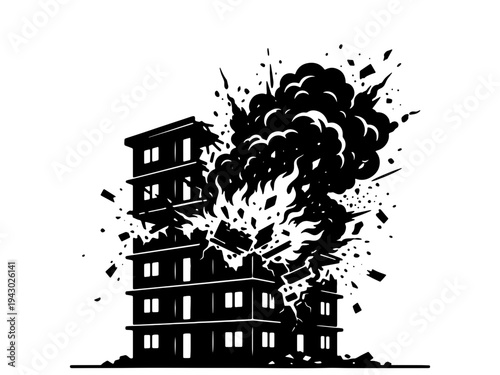 A dramatic high-contrast vector illustration depicting a multi-story building collapsing during an explosion with heavy smoke and debris flying in the air.
