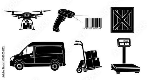 Modern logistics and delivery equipment icons collection