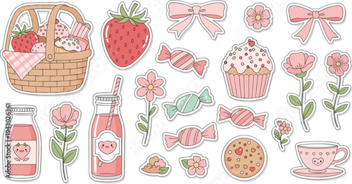 Pink sweet treats picnic basket with bows and flowers in soft pastel lighting for party decoration