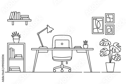 A minimalist office desk with a laptop and chair in a clean room