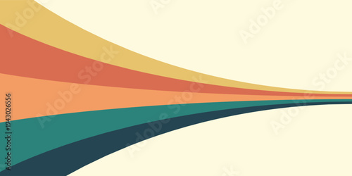 Abstract colorful 70s background vector. Vintage retro wallpaper with rainbow stripes and wavy lines. A 1970 color illustration suitable for posters, banners, decorative items and wall art.