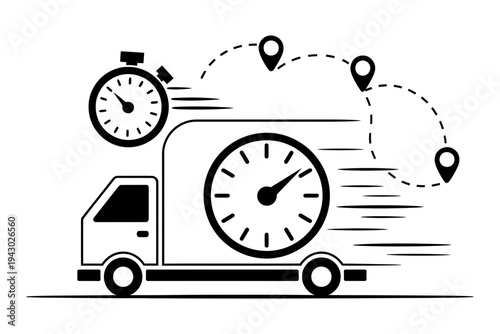 A truck icon with a clock and map pins for fast delivery