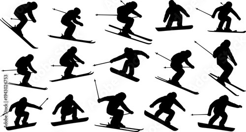 Skiing silhouette, Skier silhouette, Ski silhouette, Skier vector set, Snowboarding silhouette, Winter sport silhouette
