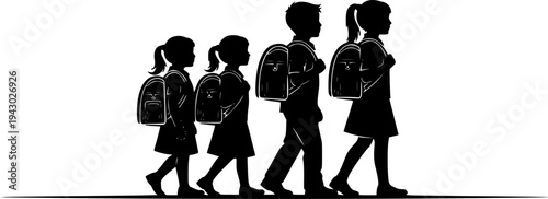 Group of children carrying school bags going to school silhouette, Children with schoolbag black silhouettes, Child carrying school bag silhouettes, Back to school kid carrying bay silhouette