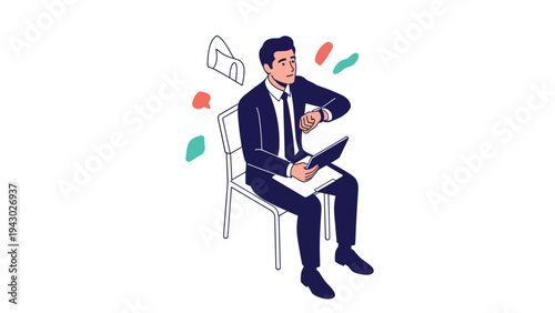 Punctual businessman sitting in an office chair checks the time on his wristwatch while holding a digital tablet and some documents.