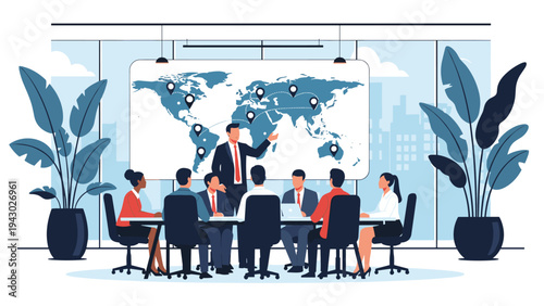 Corporate executives attend a strategic planning meeting in a conference room featuring a large world map display with data points.