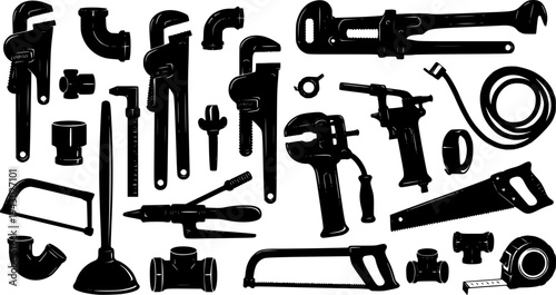 Plumbing tools silhouette, Plumbers equipment silhouettes set
