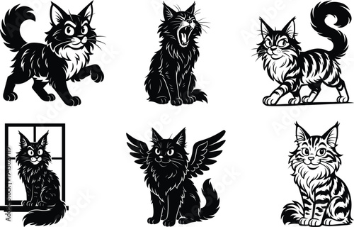 Artistic Maine Coon cat silhouette bundle set with long haired cat shapes ideal for stickers decals and creative pet themed graphics