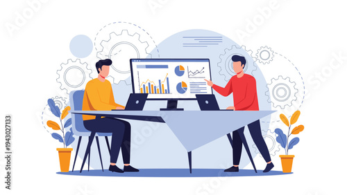 Two focused businessmen work together at a desk analyzing data on a computer screen surrounded by various mechanical gear illustrations.