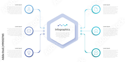 Modern 6 hexagon infographic template for business presentations and reports. Geometric hexagonal layout with six connected segments, ideal for workflow visualization, process steps.