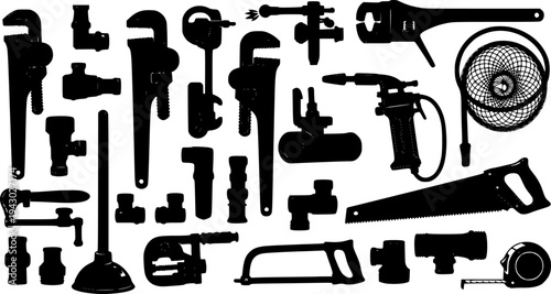 Plumbing tools silhouette, Plumbers equipment silhouettes set
