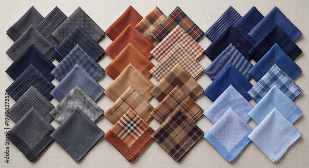 Obraz premium Large Collection of Folded Handkerchiefs in Blue Brown and Grey Tones