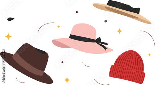 Playful Floating Vector Illustration of Stylish Hats with Sparkles and Swirls Including Fedora Panama Beanie Beret and Summer Straw Hats for Fashion Graphic Designs