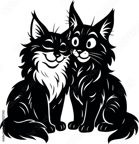 Two Maine Coons cuddled together silhouette illustration