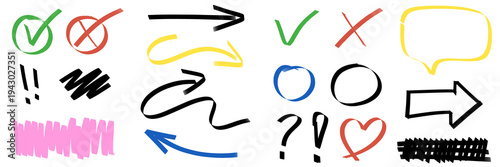 illustration: hand-drawn circles, arrows, check mark and scribble element textures set isolated on white or transparent png