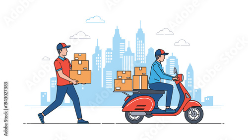 Efficient delivery service featuring one worker carrying a stack of boxes and another riding a red scooter through a stylized city landscape.