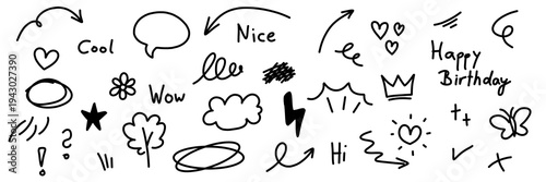 illustration: hand drawn set collection of various symbols and icons: heart, speech bubble, arrow, nice, cloud, crown, check, mark, cross, butterfly, pencil brush stroke elements isolated