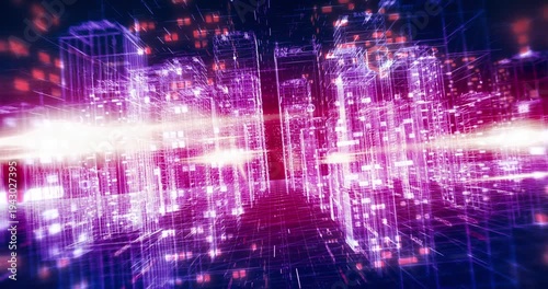 Futuristic urban city skyline and digital planet earth network. Technology Related 3D Animation.