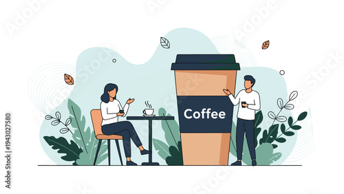Customers enjoying beverages at a stylish modern cafe featuring a giant decorative coffee cup on a soft blue background.