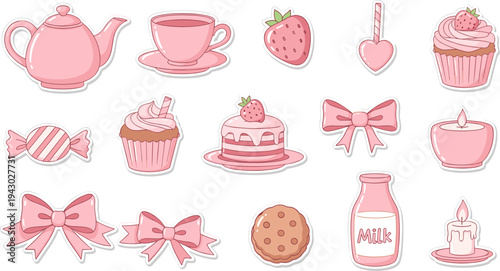 Pink sweet treats flat lay with bows and desserts in pastel colors for bakery branding