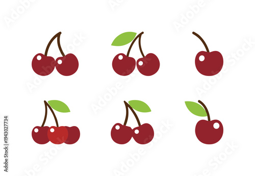 Fresh red cherry fruit icons with green leaves in different compositions, flat vector food illustration set isolated on white background for kitchen design
