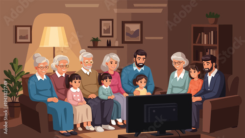 Large multi-generational family gathering together in a cozy living room to enjoy watching television on a dark evening.