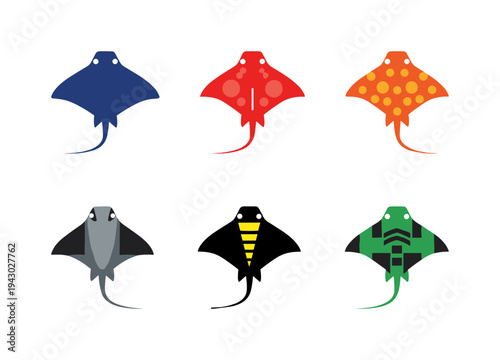 Decorative stingray and manta ray icons with various patterns and colors, flat vector marine life animal symbols isolated on white background for ocean art