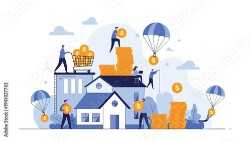 Group of financial planners and people managing golden coins around a miniature house model representing property investment.