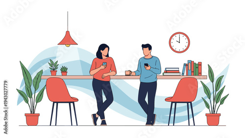 Two young people standing at a long table in a minimalist cafe or breakroom while checking their mobile smartphones together.