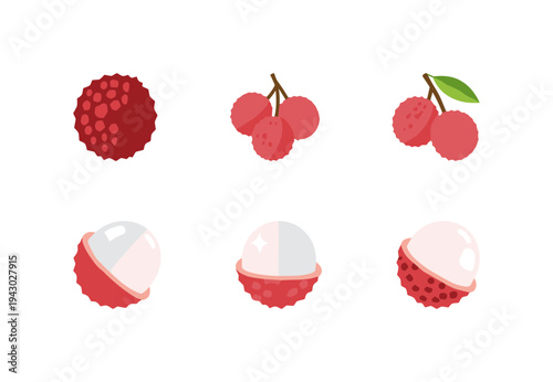 Red lychee fruit icons collection showing whole fruit peeled skin and juicy white flesh isolated on white background for tropical fruit and food design