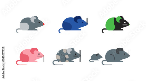 Small mouse or rat character icons in various colors and patterns including blue pink and spotted rodents isolated on white background for animal graphics