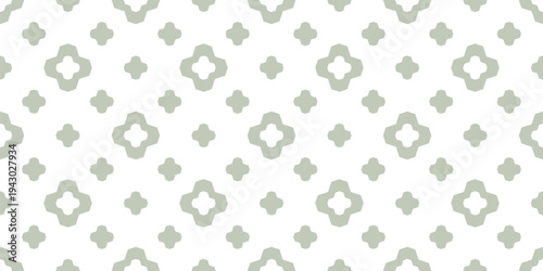 Simple vector seamless pattern. Minimal floral geometric texture with flower silhouettes, crosses, stars. Elegant abstract background. Simple ornament in sage green and white color. Repeated design