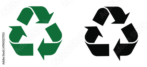 recycling symbol icon, green and black universal recycle sign isolated on white background for eco friendly sustainability projects, environmental conservation graphic for packaging labels posters and