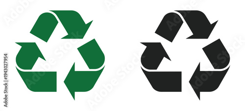 recycling symbol icon, green and black universal recycle sign isolated on white background for eco friendly sustainability projects, environmental conservation graphic for packaging labels posters and